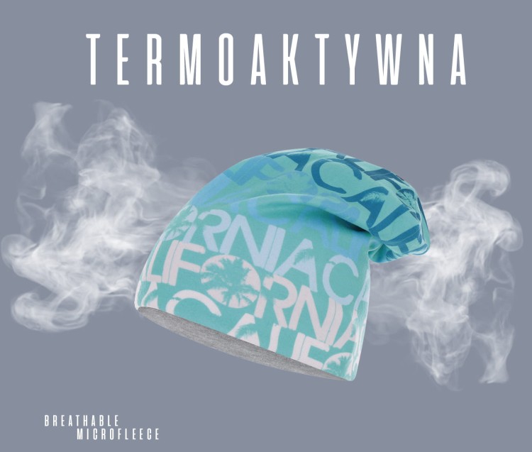 czapka termoaktywna dwuwarstwowa bawełniana polarowa oddychająca dwustronna miętowa napisy zielona thermoactive double-siede hat beanie mint fleece