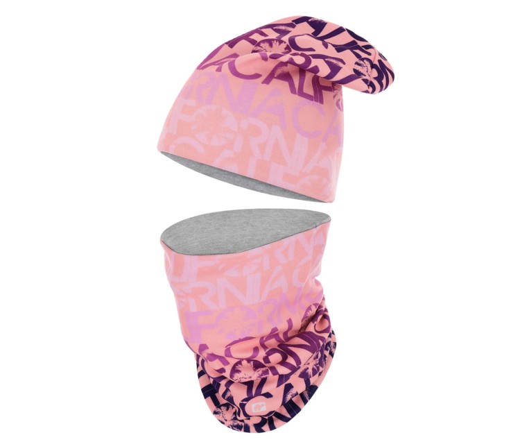 czapka dwuwarstwowa dwustronna kolorowa termoaktywna  z kominem bawełniana polarowa oddychająca różowa szara thermoactive hat beanie fleece cotton pink gray