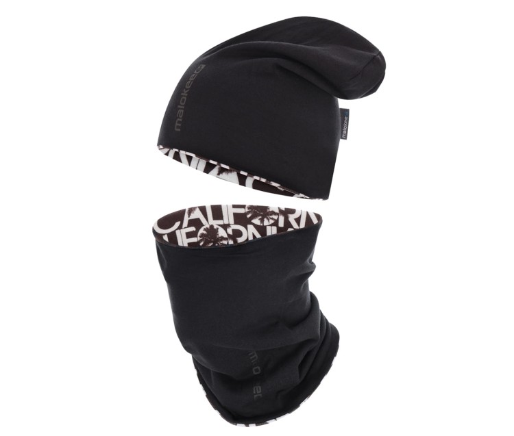 czapka dwuwarstwowa termoaktywna dwustronna bawełniana czarna polarowa brązowa napisy oddychająca beanie hat thermoactive black brown z kominem