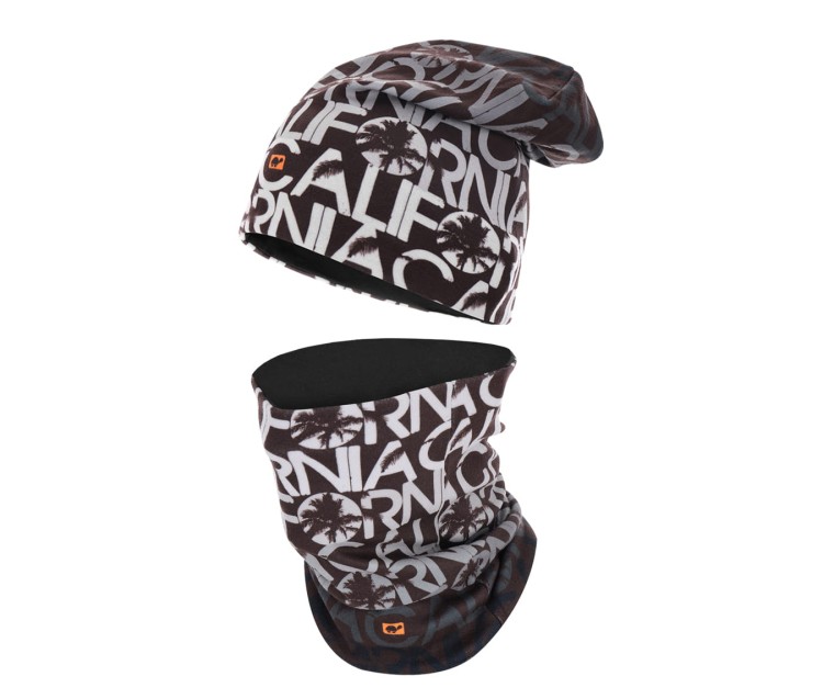 czapka dwuwarstwowa termoaktywna dwustronna bawełniana czarna polarowa brązowa napisy oddychająca beanie hat thermoactive black brown z kominem