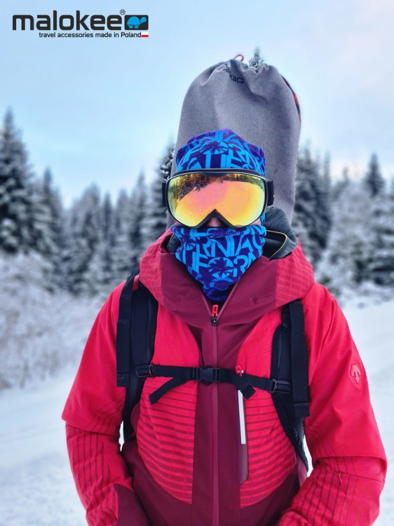 komin dwuwarstwowy ciepły termoaktywny na szyję bawełniany granatowy polarowy niebieski na narty chimney scarf tube blue