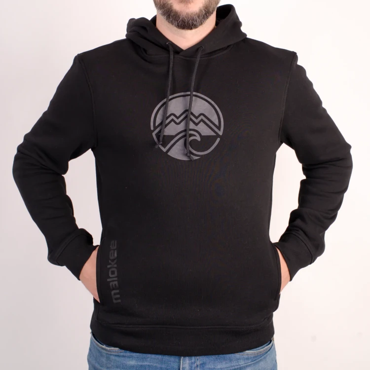 organic cotton eco hoodie black with hood malokee mountain wave surf
