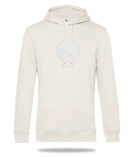 Bluza z bawełny organicznej z kapturem bawełniana kremowa off white jasna z niebieskim motywem gór i morza