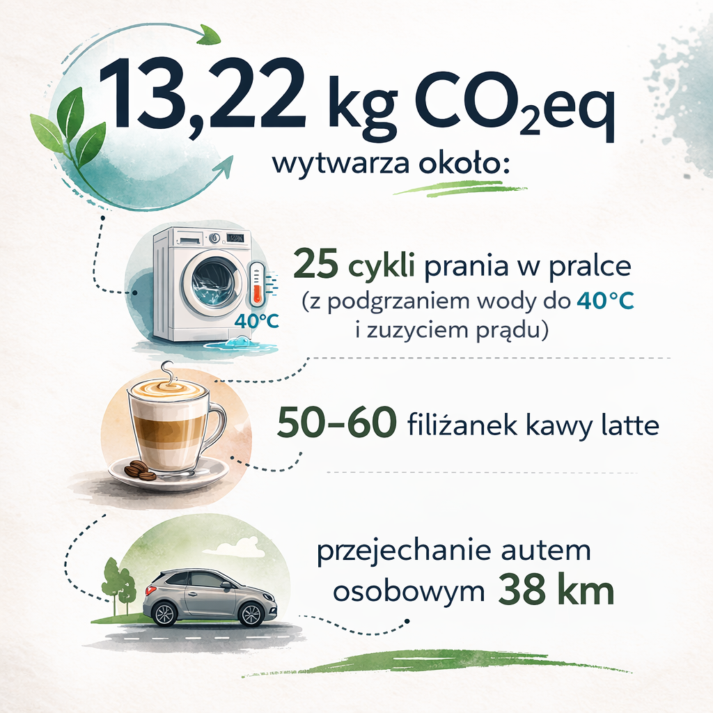 13,22 kg CO₂eq samo wygeneruje około 25 cykli prania w pralce, około 50-60 filiżanek kawy latte